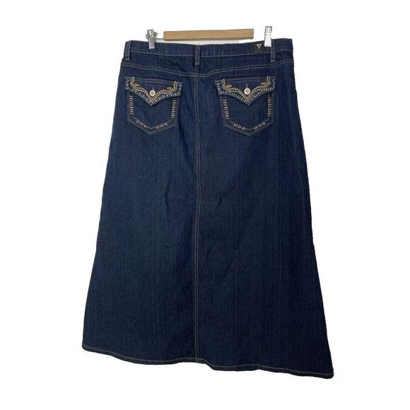 Midi Denim Skirt Size XL Y2K Dark Blue Be-Girl Embroidery Flap Pockets Modest - Picture 2 of 8